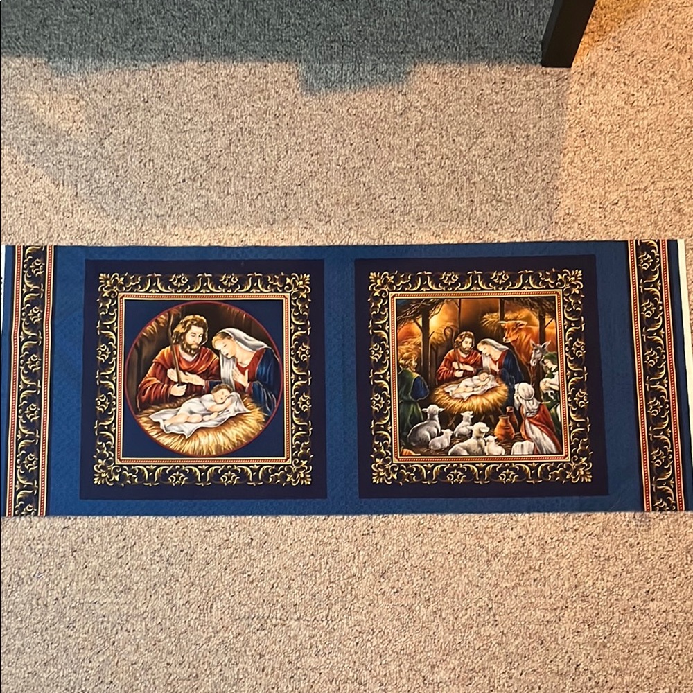Religious Fabric Panel with Nativity Scene Christmas Cotton Vintage Pillow